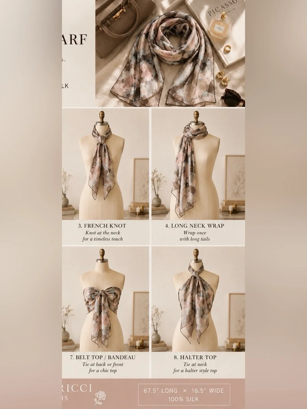 Nina Ricci Italy 100% Silk Abstract Floral Scarf Taupe Blush Blue 22x70